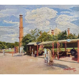 Israr Hussain, Badshahi Mosque, 16 x 18 Inch, Oil on Borad, Cityscape Painting, AC-ISHN-016